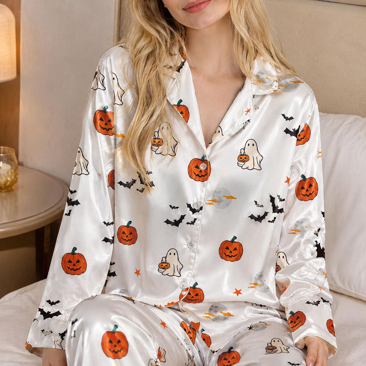 Ghost Pumpkin Satin Pajama Set Halloween Sleepwear with Bats Jack O Lanterns
