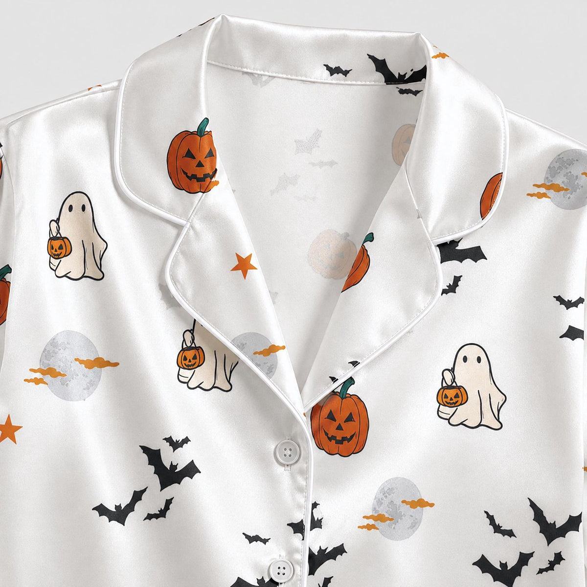 Ghost Pumpkin Satin Pajama Set Halloween Sleepwear with Bats Jack O Lanterns