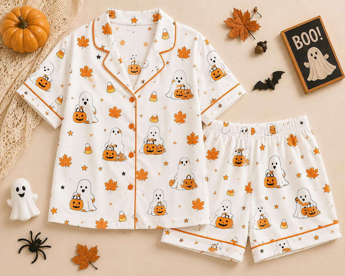 Spooky Pumpkin Ghost Halloween Pajama Set for Women - Cute Fall Sleepwear Long Short Sleeve PJs Halloween Gift
