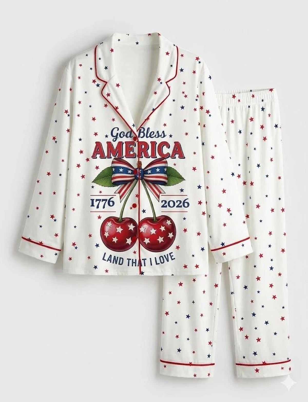 God Bless America Cherries Pajama Set - Commemorative 250th Anniversary Sleepwear