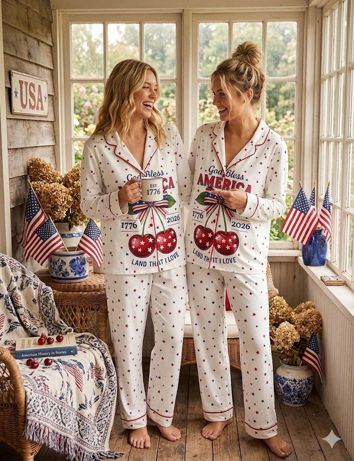 God Bless America Cherries Pajama Set - Commemorative 250th Anniversary Sleepwear