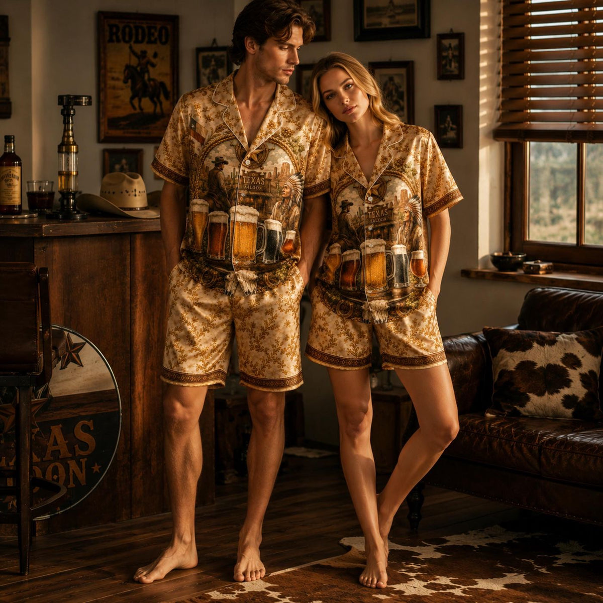 Vintage Gold Satin Western Texas Saloon Beer Print Pajamas Set