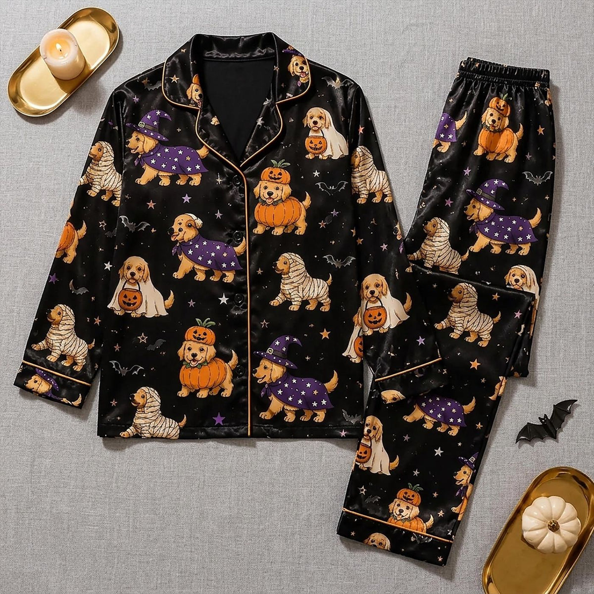 Golden Retriever Halloween Satin Pajama Set - Spooky Dog Mom PJ for Her