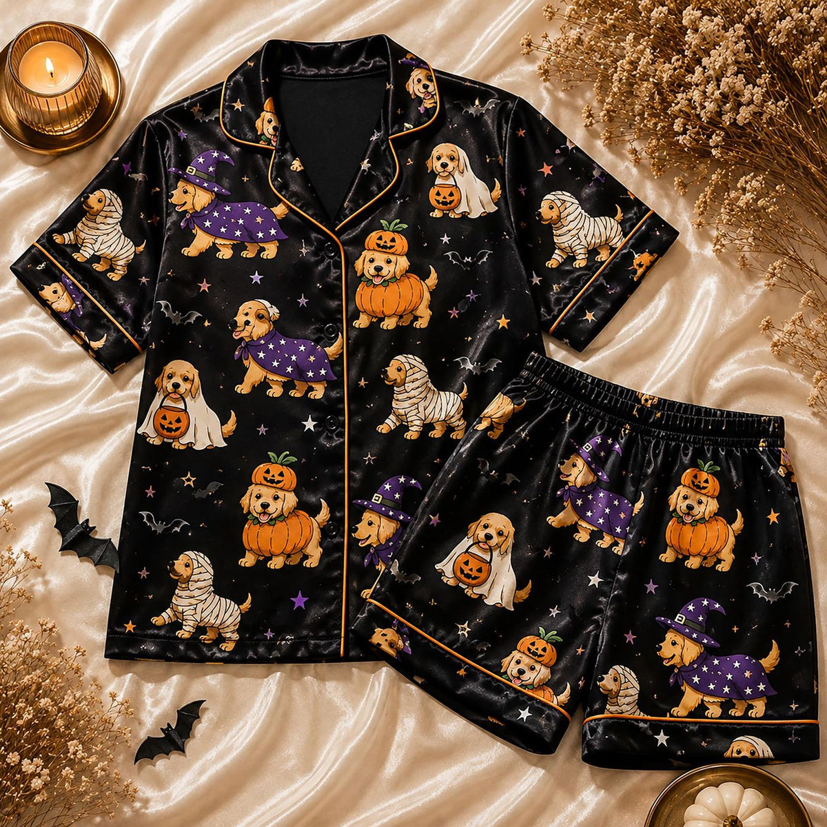 Golden Retriever Halloween Satin Pajama Set - Spooky Dog Mom PJ for Her