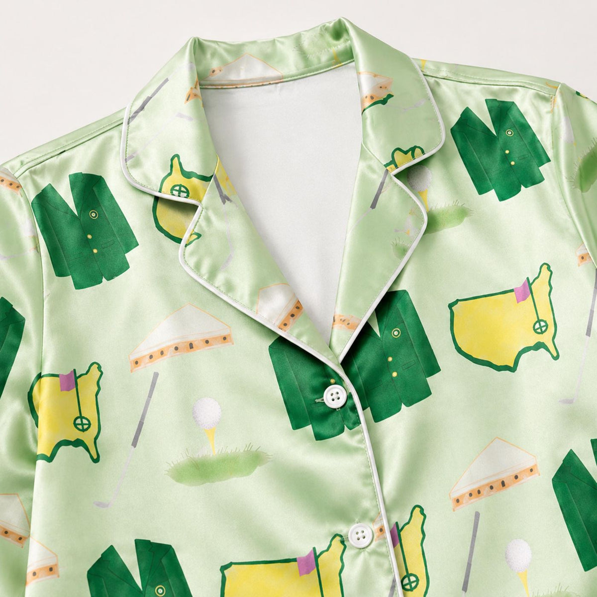 Golf Lover Satin Pajama Set with Tournament Inspired Design Green Jackets Flags and Course Maps