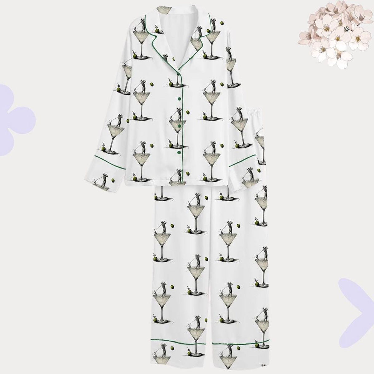 Men s Golf & Martini Short Sleeve Pajama Set - Whimsical Cocktail Print Sleepwear