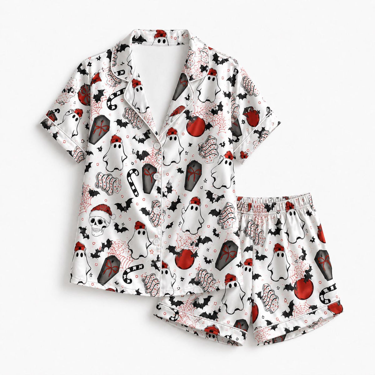 Spooky Gothic Christmas Satin Pajamas: Santa Skulls Ghosts Candy Canes - Shop Now!