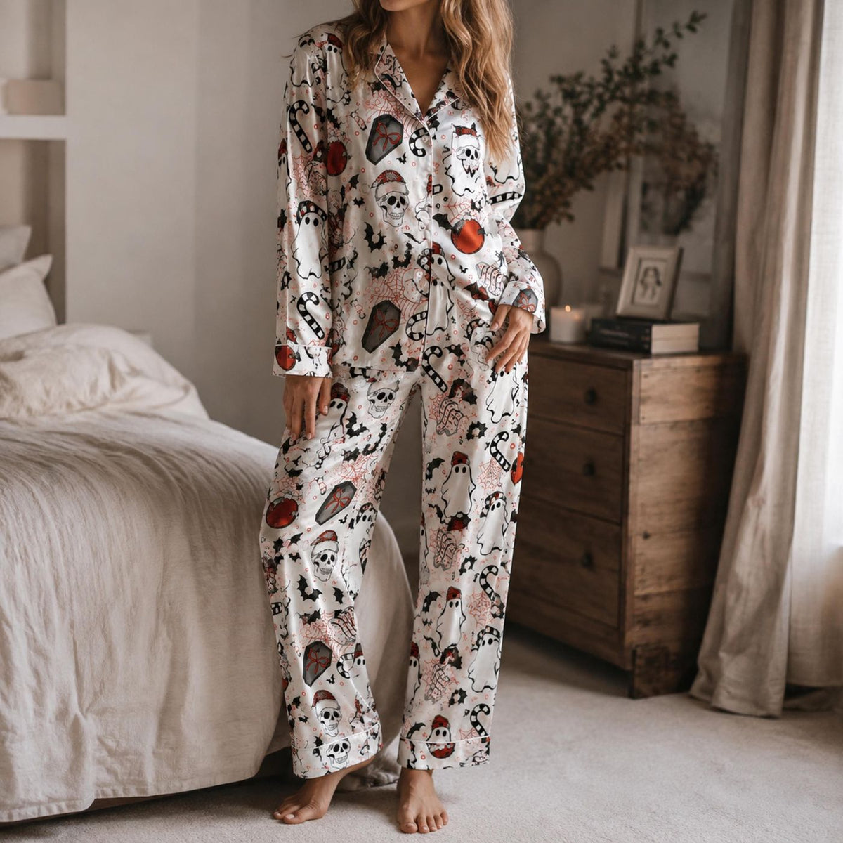Spooky Gothic Christmas Satin Pajamas: Santa Skulls Ghosts Candy Canes - Shop Now!