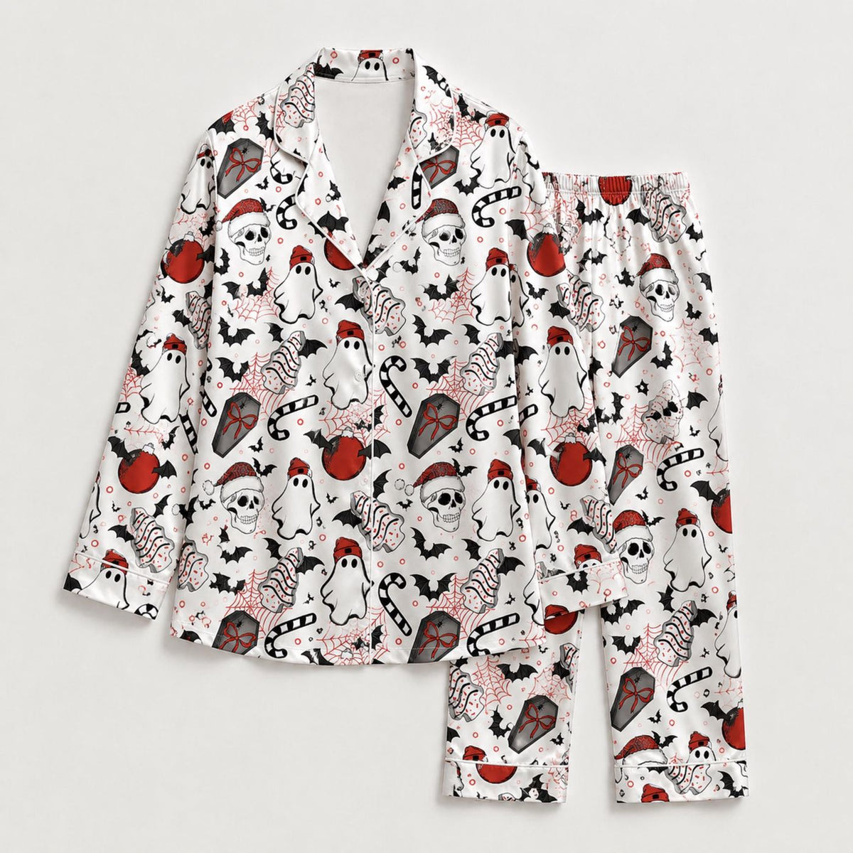 Spooky Gothic Christmas Satin Pajamas: Santa Skulls Ghosts Candy Canes - Shop Now!