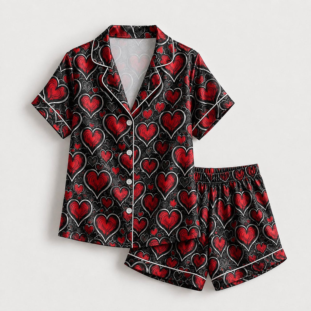 Dark Romance Red Heart Satin Pajama Set with Gothic Black Lace - Limited Edition