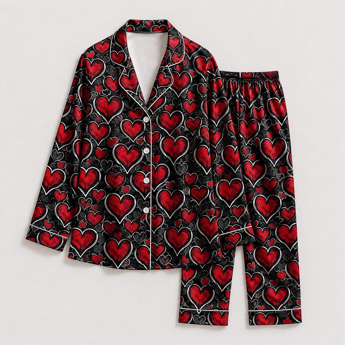 Dark Romance Red Heart Satin Pajama Set with Gothic Black Lace - Limited Edition