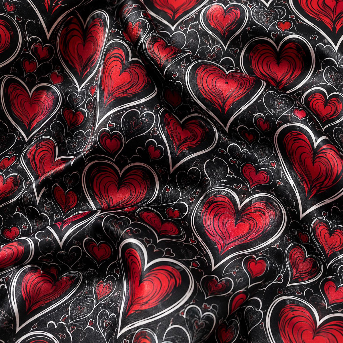 Dark Romance Red Heart Satin Pajama Set with Gothic Black Lace - Limited Edition