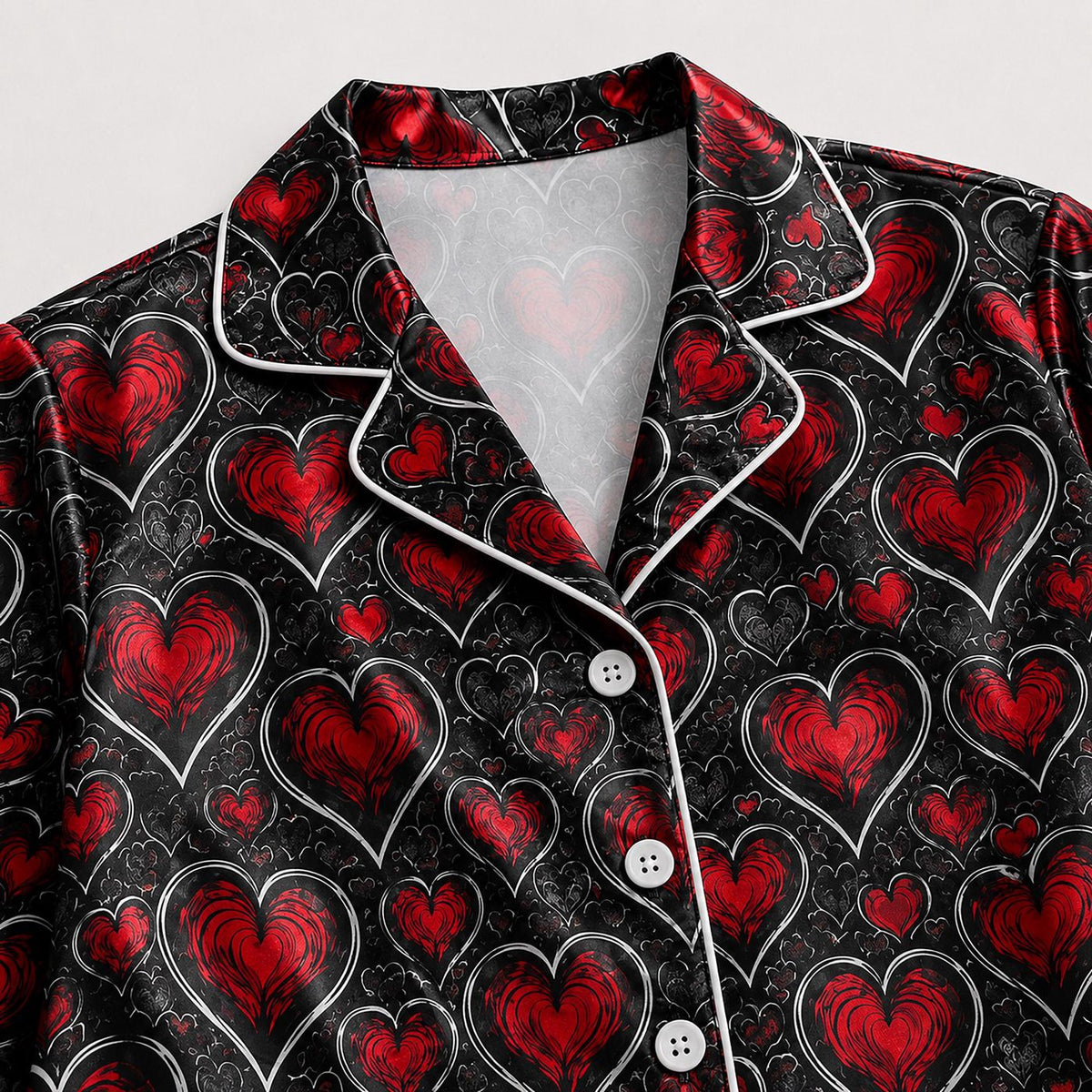 Dark Romance Red Heart Satin Pajama Set with Gothic Black Lace - Limited Edition