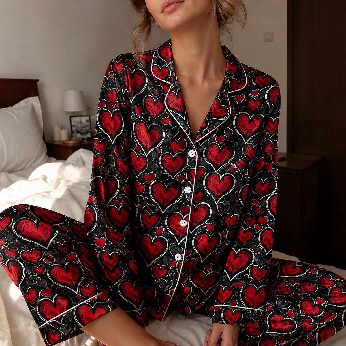 Dark Romance Red Heart Satin Pajama Set with Gothic Black Lace - Limited Edition