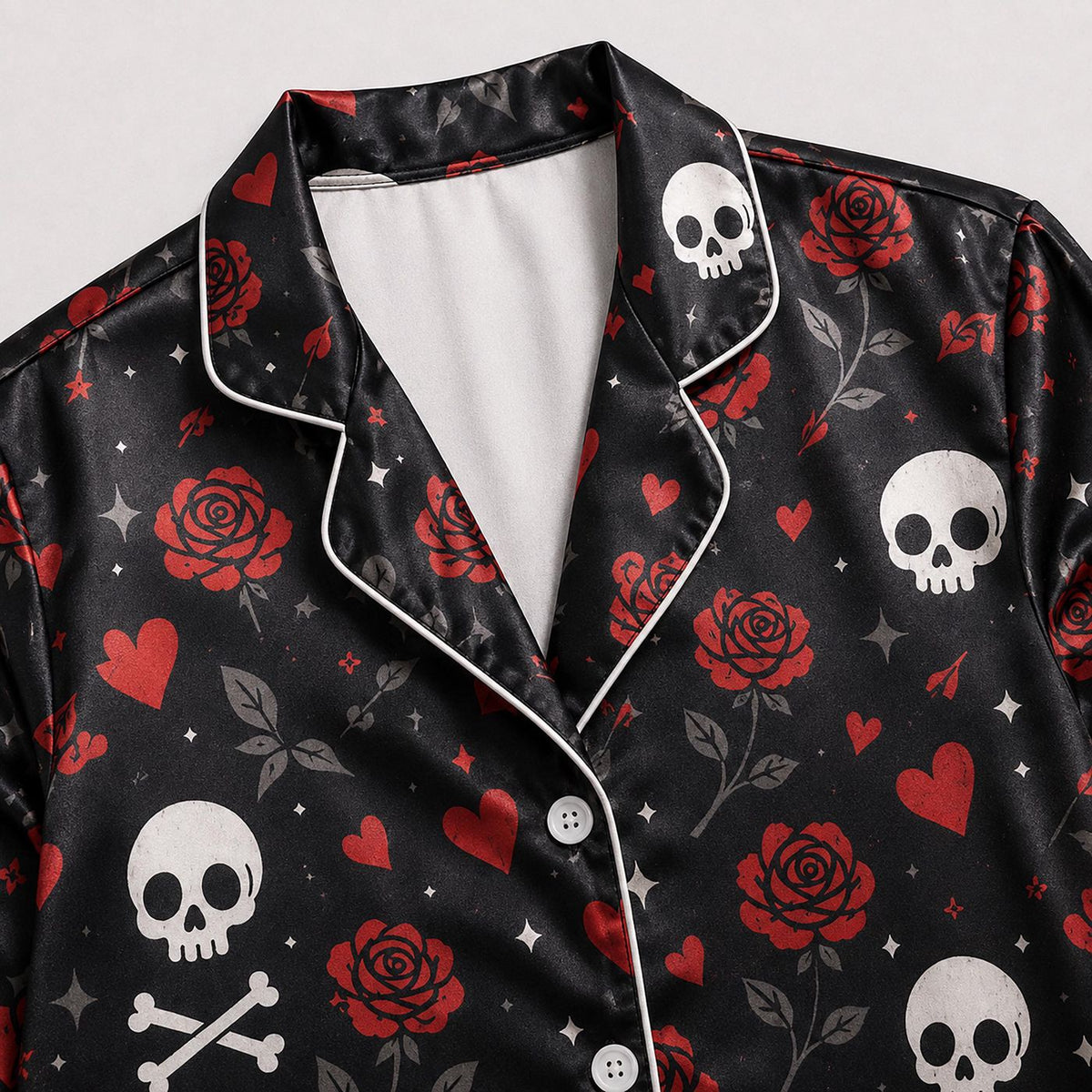 Gothic Skull & Rose Satin Pajama Set: Red Roses Crossbones & Dark Floral Pattern