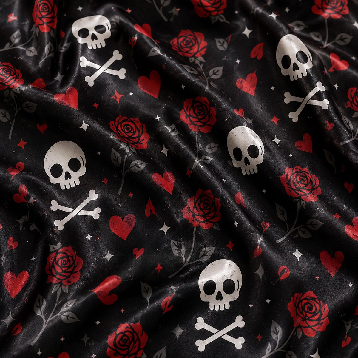 Gothic Skull & Rose Satin Pajama Set: Red Roses Crossbones & Dark Floral Pattern