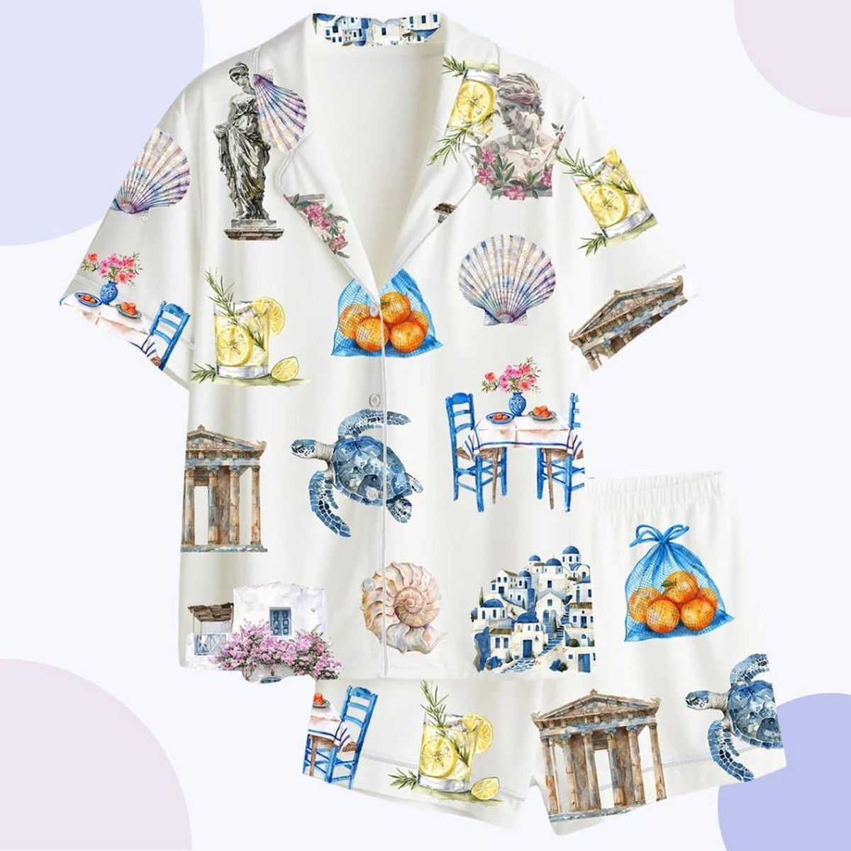 Summer Watercolor Greek Pajama Set - Mediterranean Women s Sleepwear