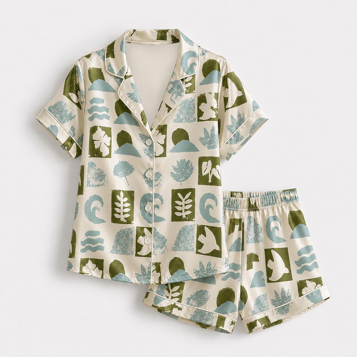 Stylish Green Satin Block Pajama Set: Abstract Shape Loungewear Collection