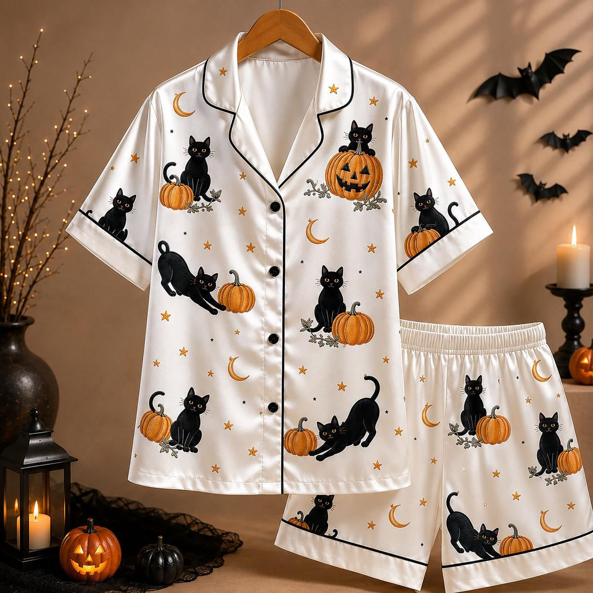 Spooky Season Black Cat Pajama Set: Pumpkin Fall Sleepwear for Cat Lovers