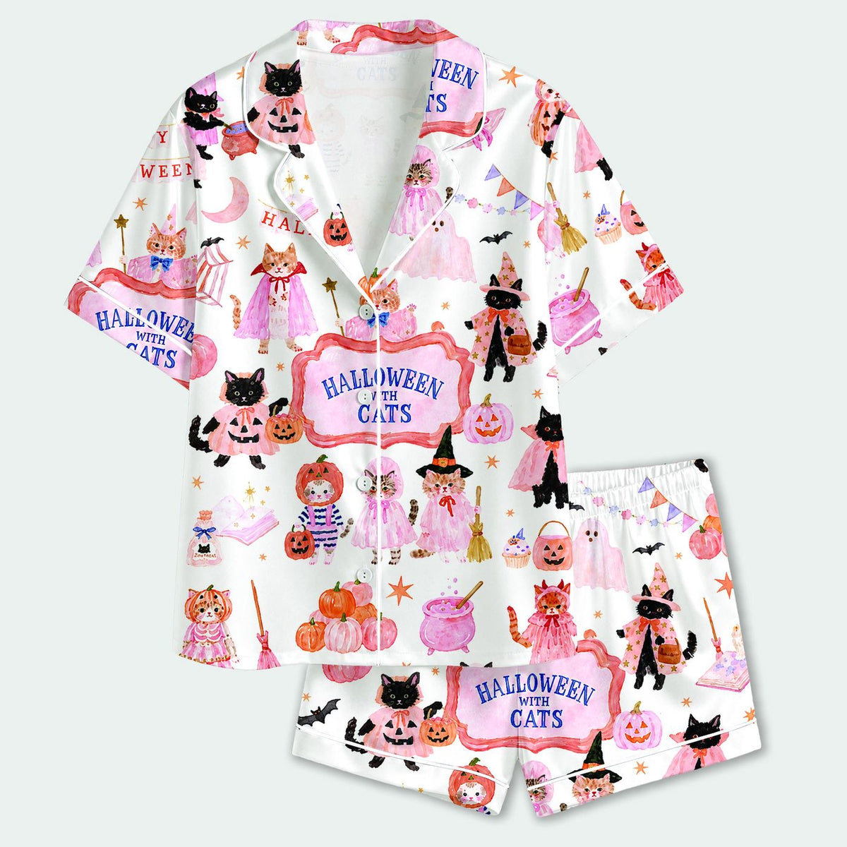 Halloween Cat Satin Pajama Set with Pumpkins and Witchy Felines for Sleepwear