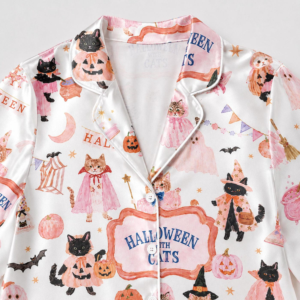 Halloween Cat Satin Pajama Set with Pumpkins and Witchy Felines for Sleepwear
