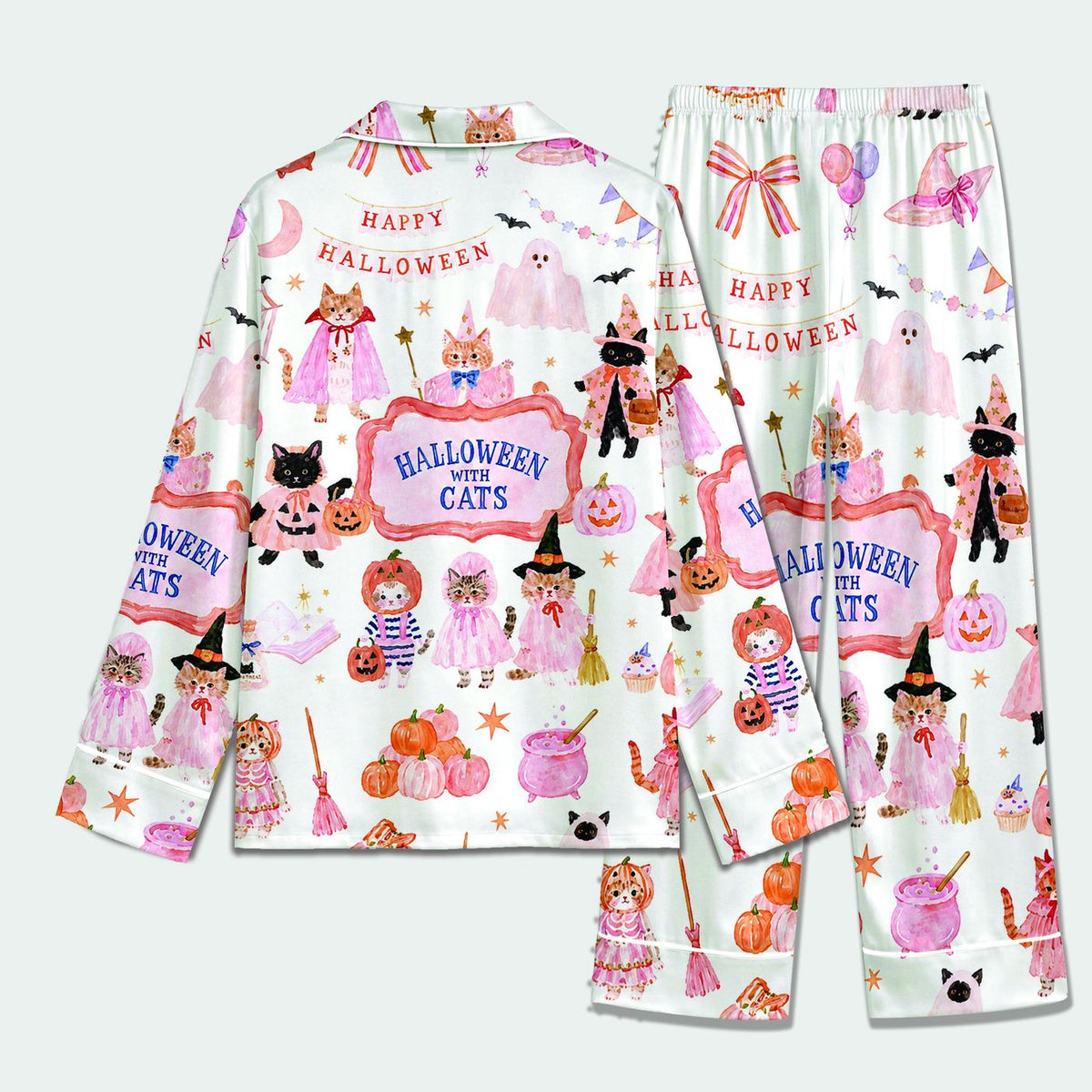 Halloween Cat Satin Pajama Set with Pumpkins and Witchy Felines for Sleepwear