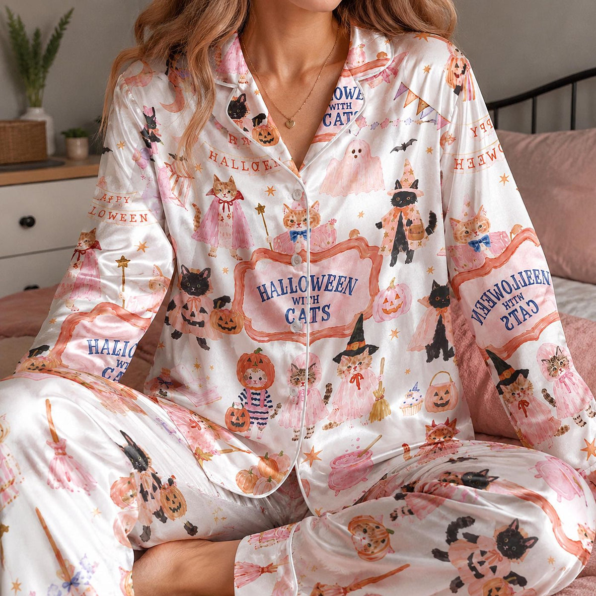 Spooky Halloween Cat Satin Pajama Set with Witchy Felines - Cozy Sleepwear