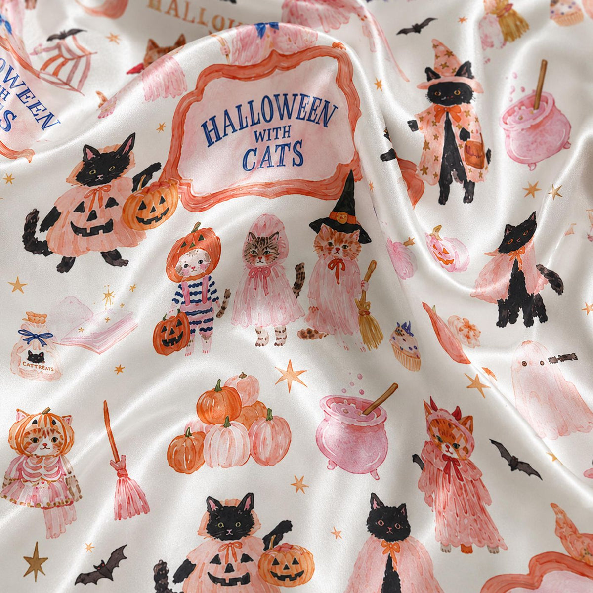 Halloween Cat Satin Pajama Set with Pumpkins and Witchy Felines for Sleepwear