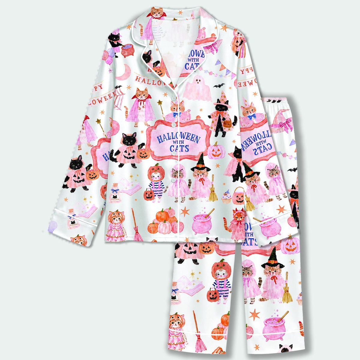 Halloween Cat Satin Pajama Set with Pumpkins and Witchy Felines for Sleepwear