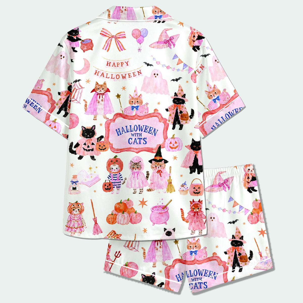 Spooky Halloween Cat Satin Pajama Set with Witchy Felines - Cozy Sleepwear