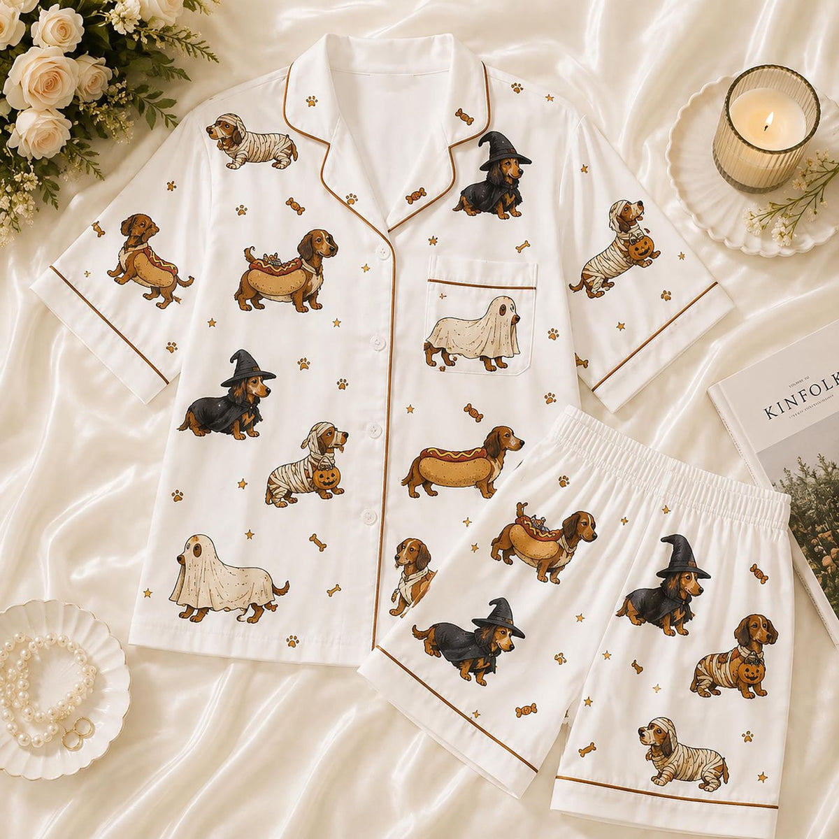 Spooky Wiener Dog Halloween Costumes: Cute Dachshund Pajamas with Ghost Witch and Mummy Graphics