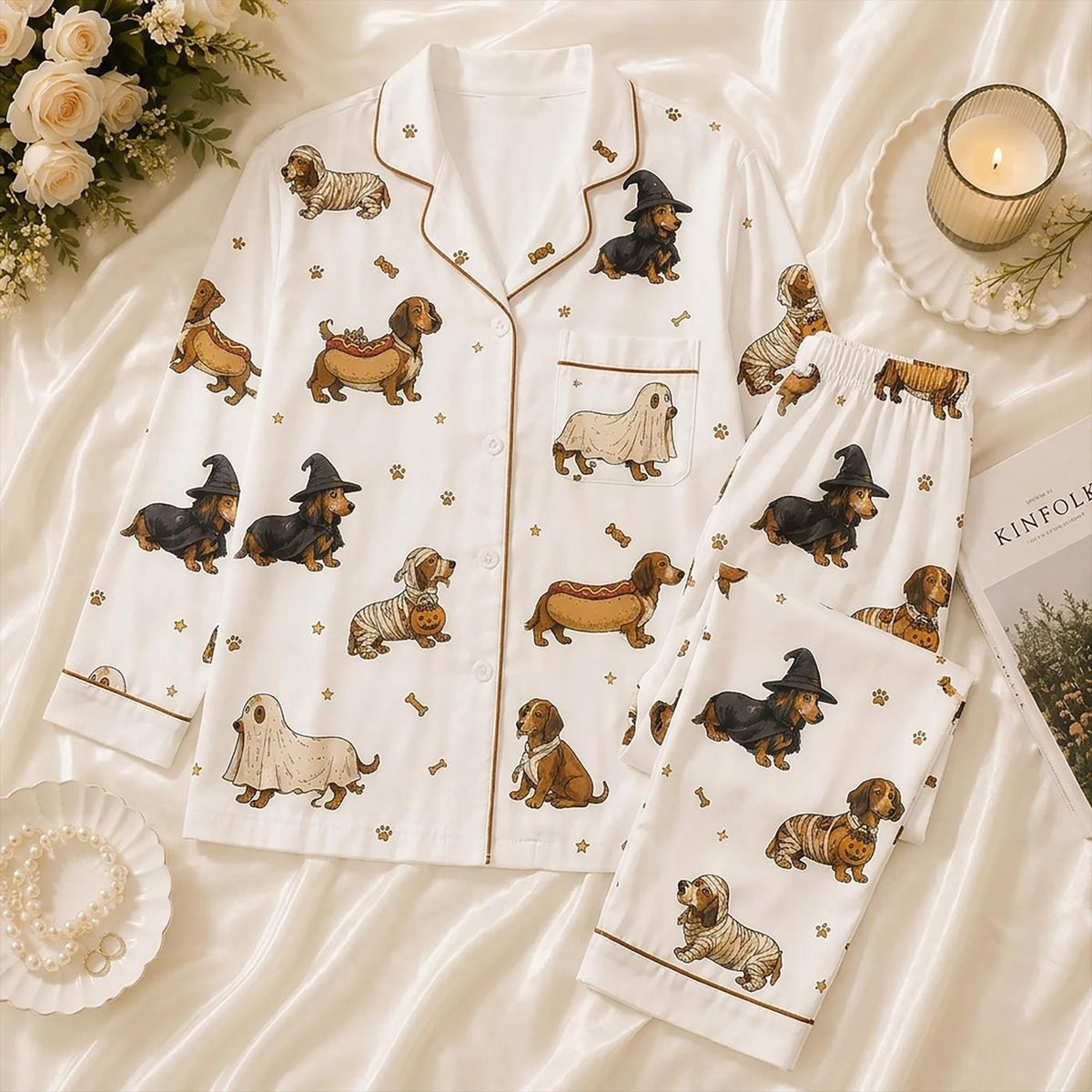 Spooky Dachshund Halloween Costumes Pajamas: Ghost Witch Mummy Loungewear Set