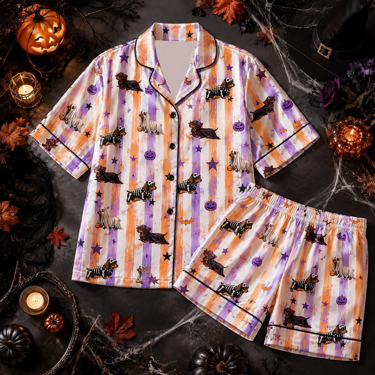 Spooky Halloween Dachshund Silk Pajamas Set: Wiener Dog Ghost Skeleton Satin PJ - Perfect Gift for Her