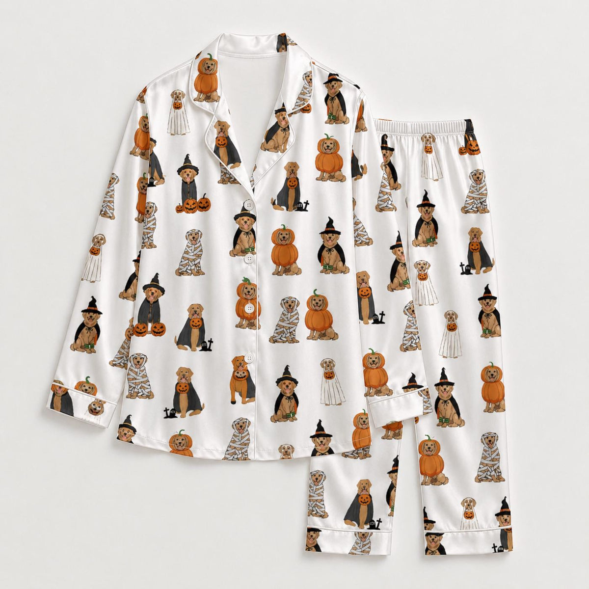 Spooky Halloween Dog Satin Pajama Set with Witch Hat & Pumpkin Ghost Pattern