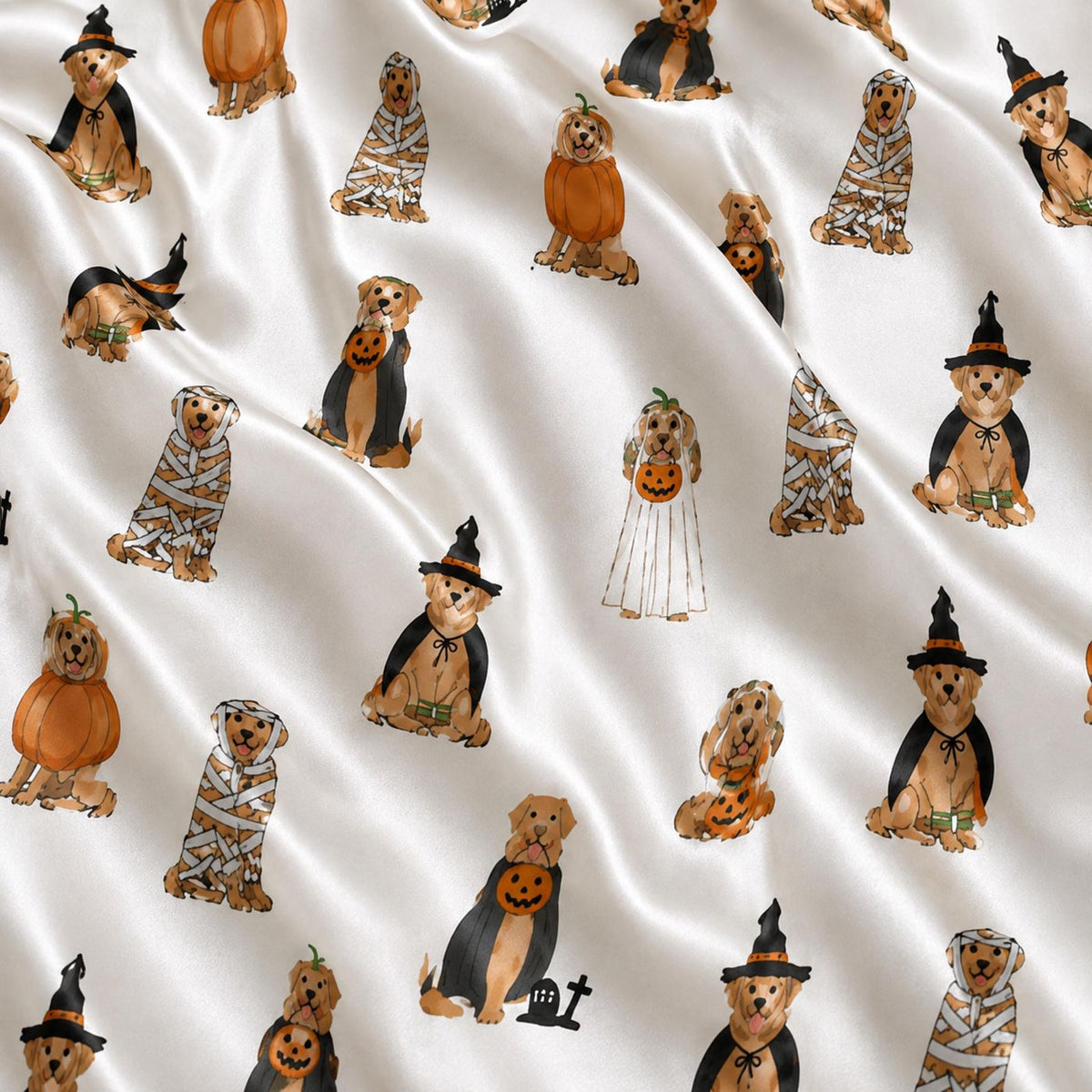 Spooky Halloween Dog Satin Pajama Set with Witch Hat & Pumpkin Ghost Pattern