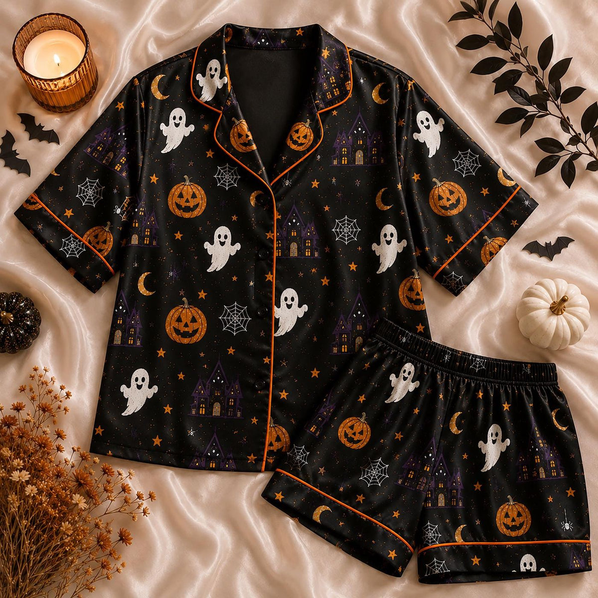 Spooky Halloween Ghost & Pumpkin Satin Pajama Set - Aesthetic Fall Loungewear Gift for Her