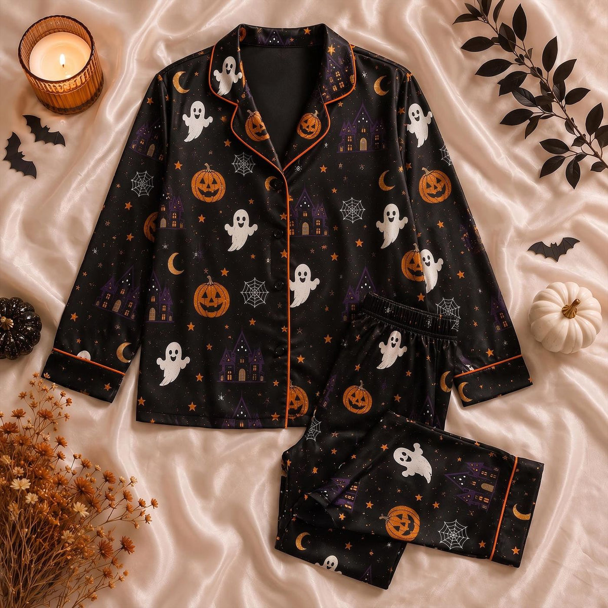 Spooky Halloween Ghost & Pumpkin Satin Pajama Set - Aesthetic Fall Loungewear Gift for Her