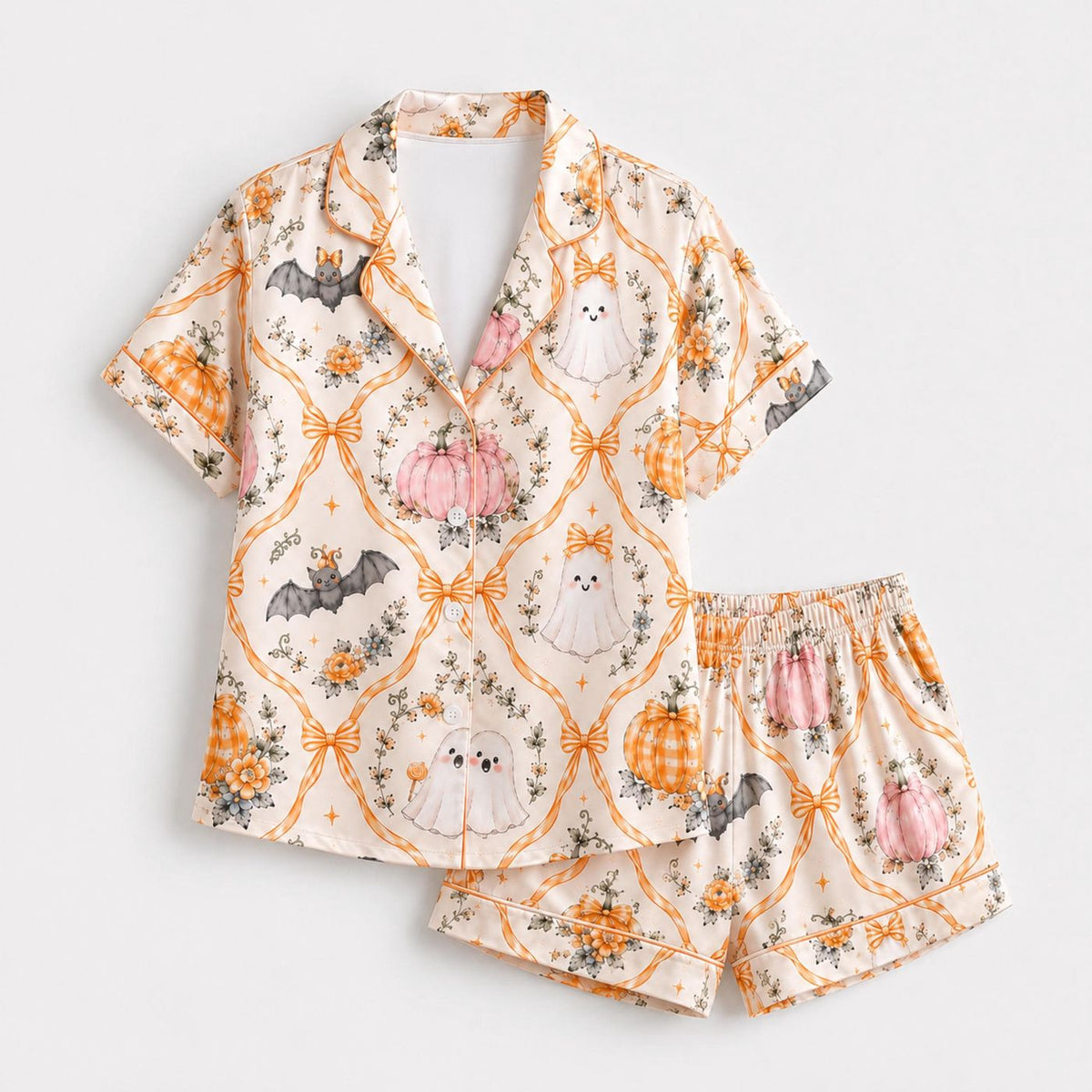 Spooky Halloween Satin Pajama Set - Ghost Bat Pumpkin Cozy Sleepwear