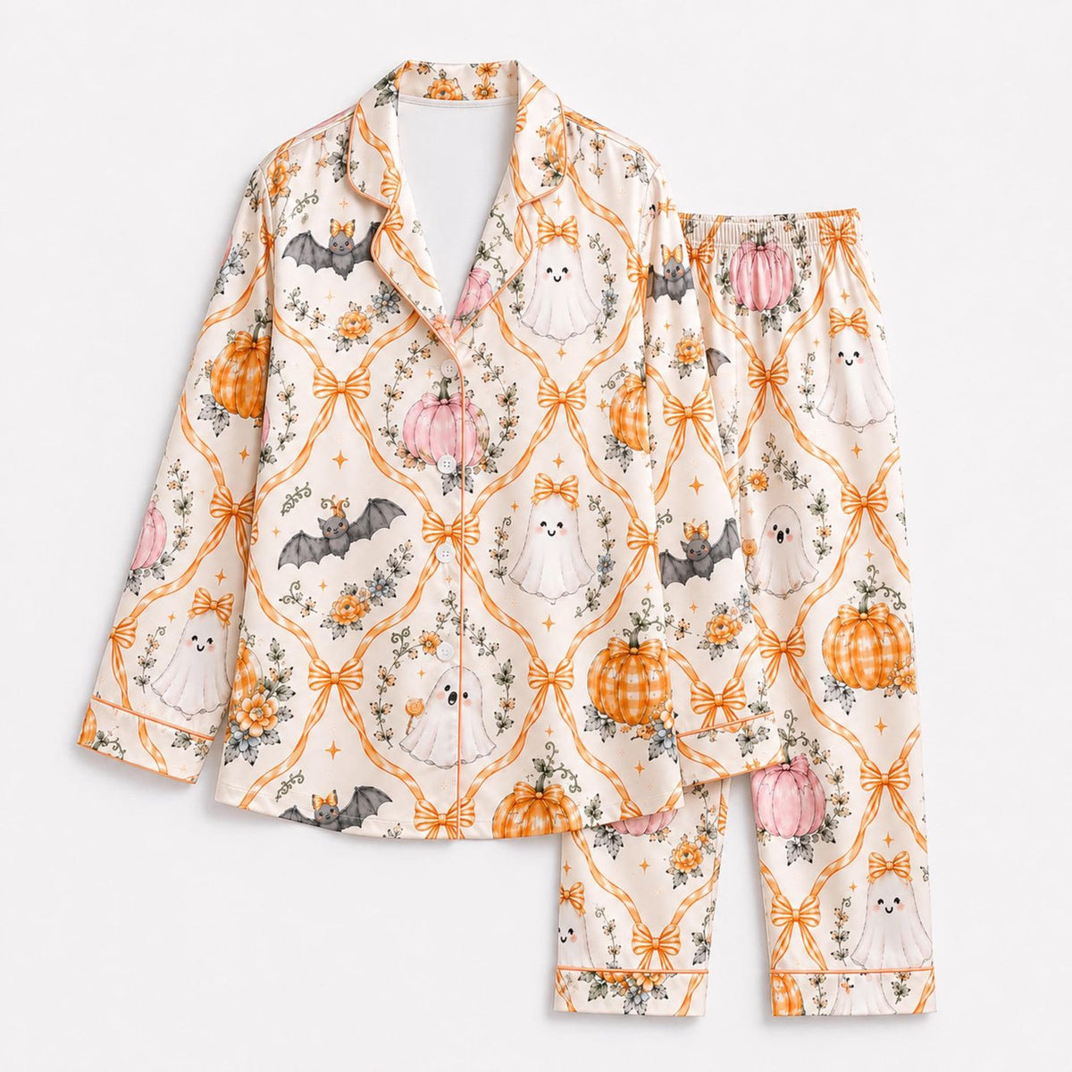 Halloween Ghost Bat Pumpkin Satin Pajama Set Cozy Sleepwear for Adults