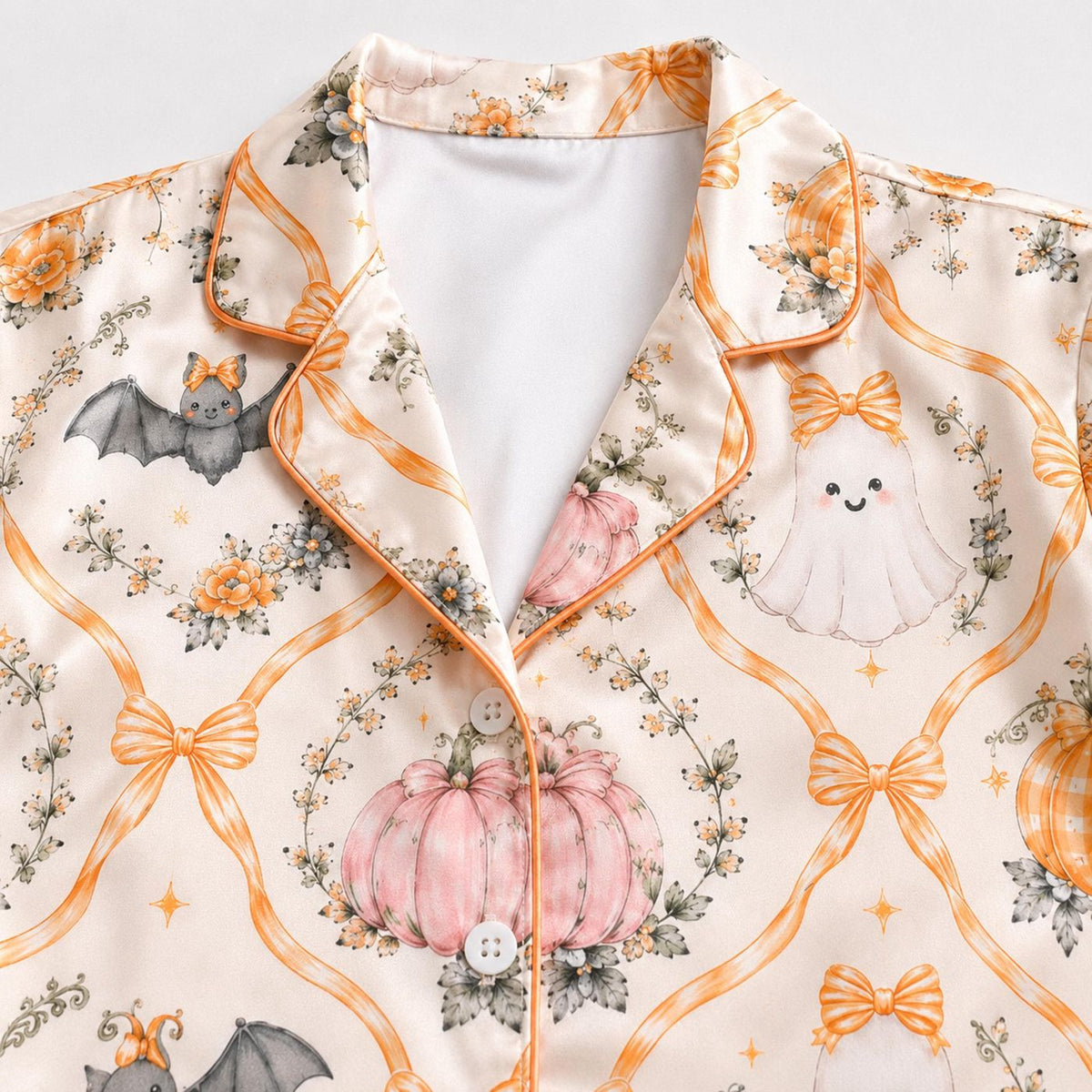 Halloween Ghost Bat Pumpkin Satin Pajama Set Cozy Sleepwear for Adults