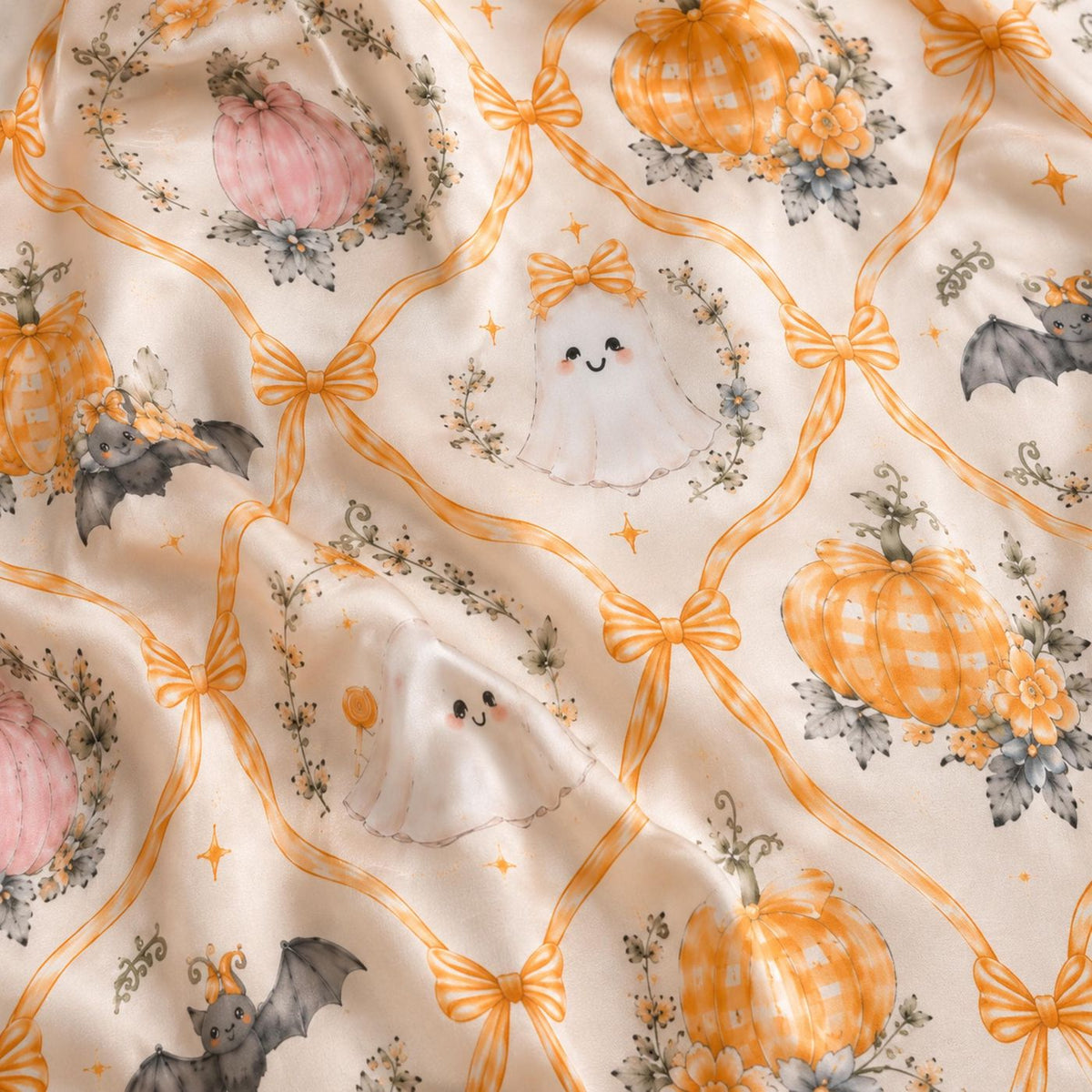 Halloween Ghost Bat Pumpkin Satin Pajama Set Cozy Sleepwear for Adults