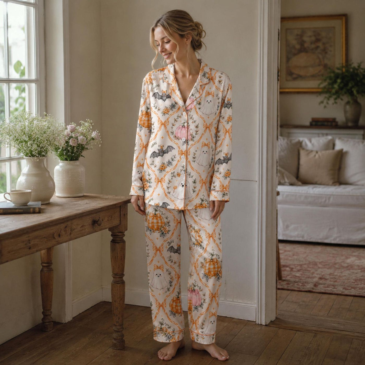 Halloween Ghost Bat Pumpkin Satin Pajama Set Cozy Sleepwear for Adults