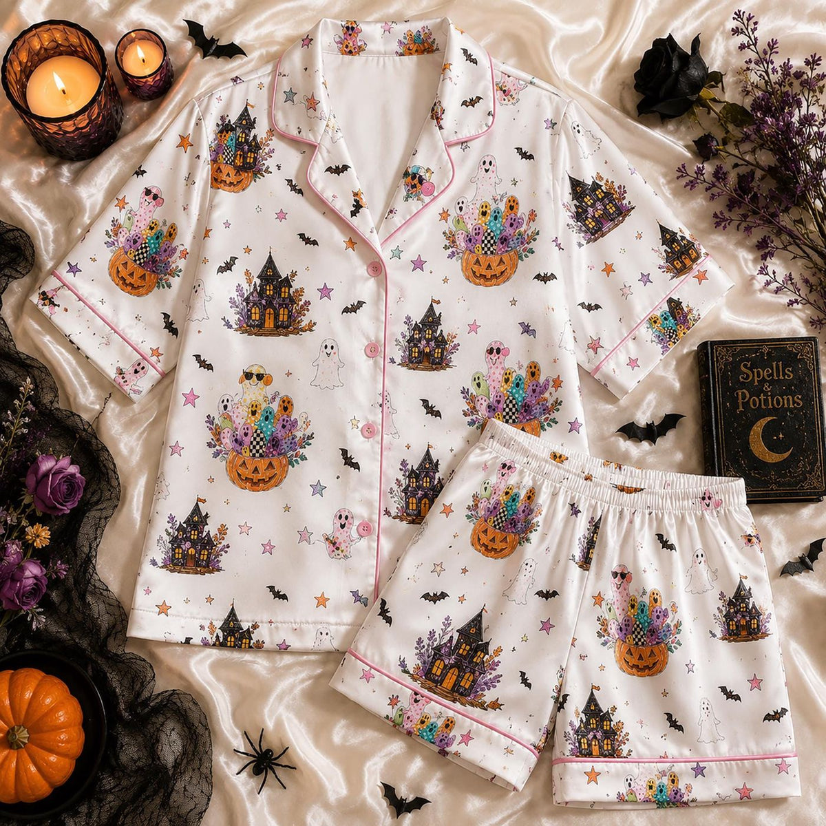Spooky Ghost Satin PJ Set: Halloween Haunted House Pajamas Pink Pumpkin Sleepwear Witchy Gift for Her