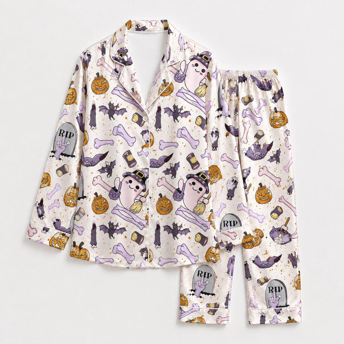 Vintage Halloween Satin Pajama Set: Cozy Sleepwear with Spooky Pattern