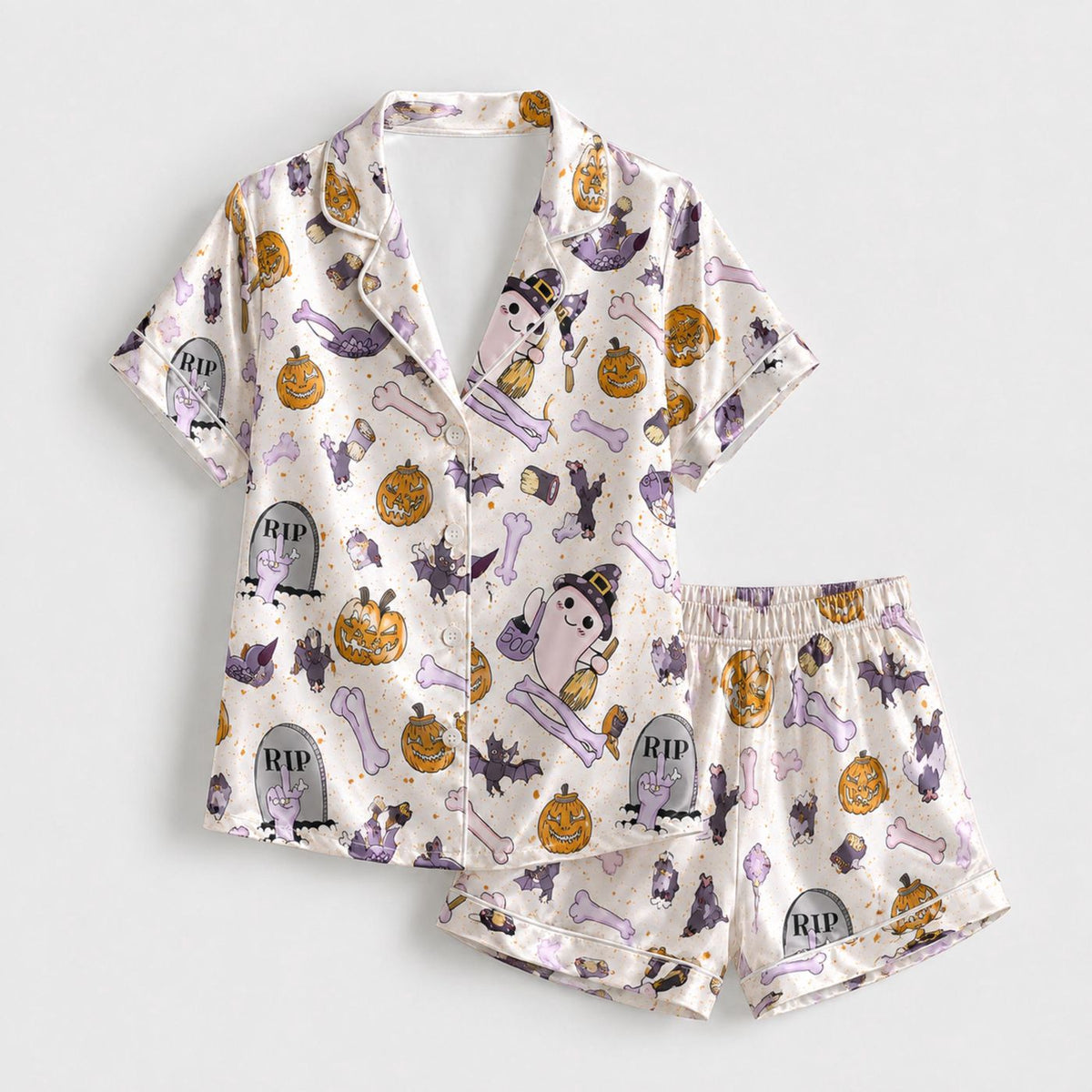 Vintage Halloween Satin Pajama Set: Cozy Sleepwear with Spooky Pattern