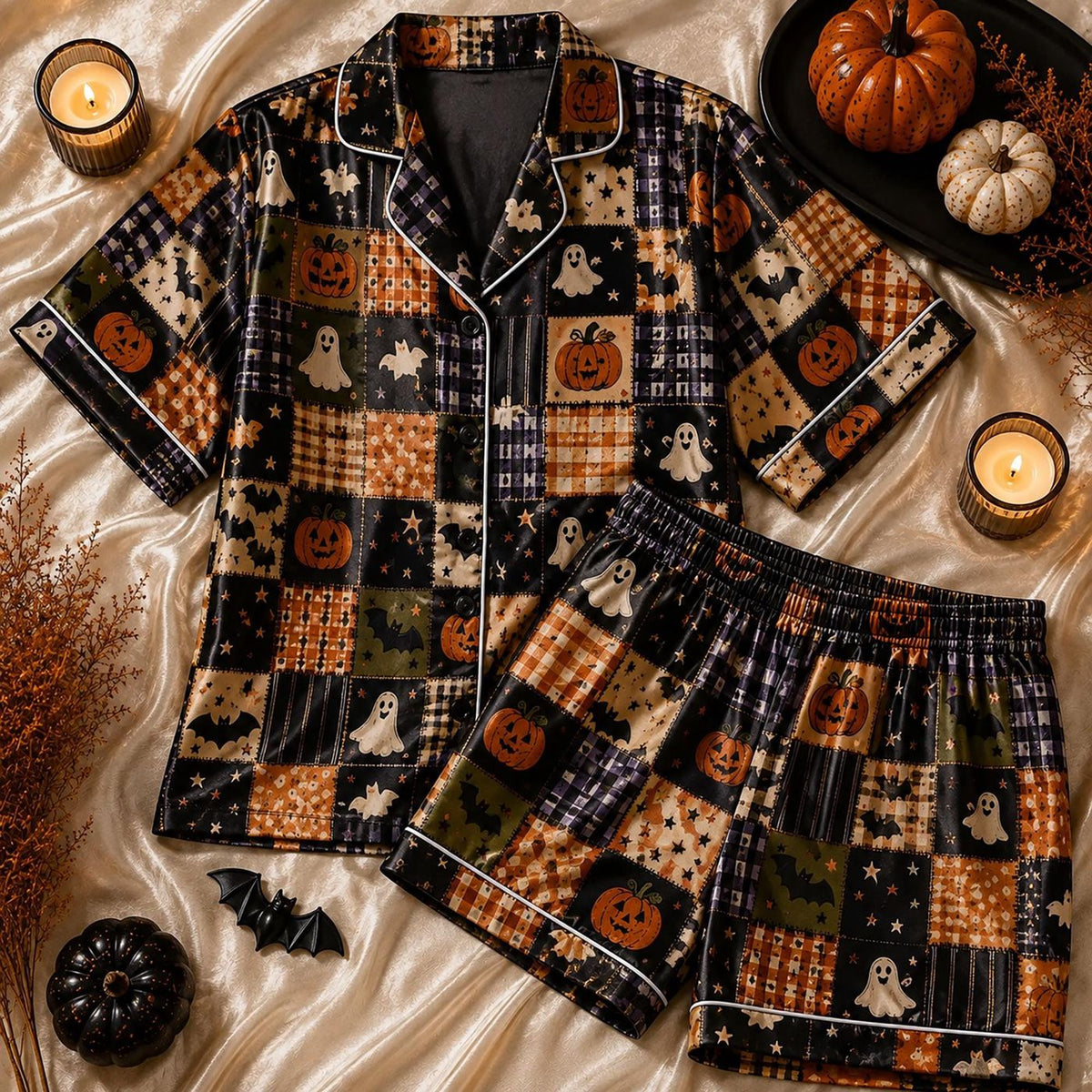 Spooky Halloween Patchwork Pajamas Set: Satin Sleepwear with Gingham Pumpkin Ghosts - Gothic Autumn Nightwear Gift
