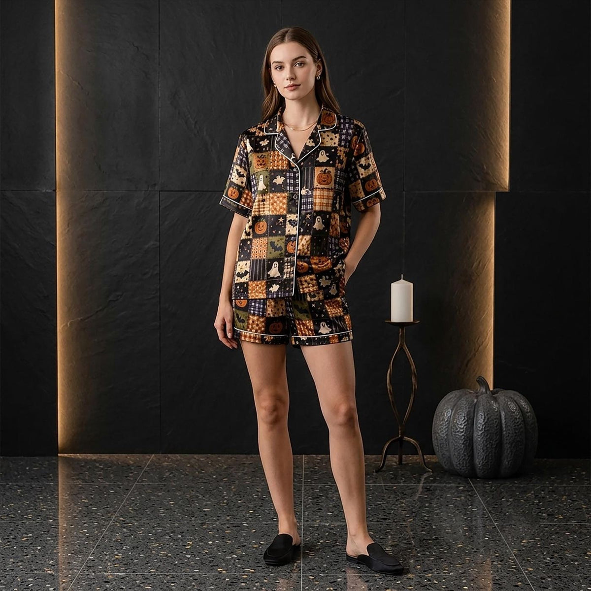 Spooky Halloween Patchwork Pajamas Set: Satin Sleepwear with Gingham Pumpkin Ghosts - Gothic Autumn Nightwear Gift