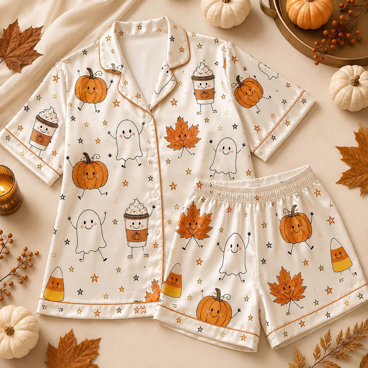 Candy Corn Pumpkin Ghost Satin Pajama Set: Cute Fall Loungewear Gift for Her