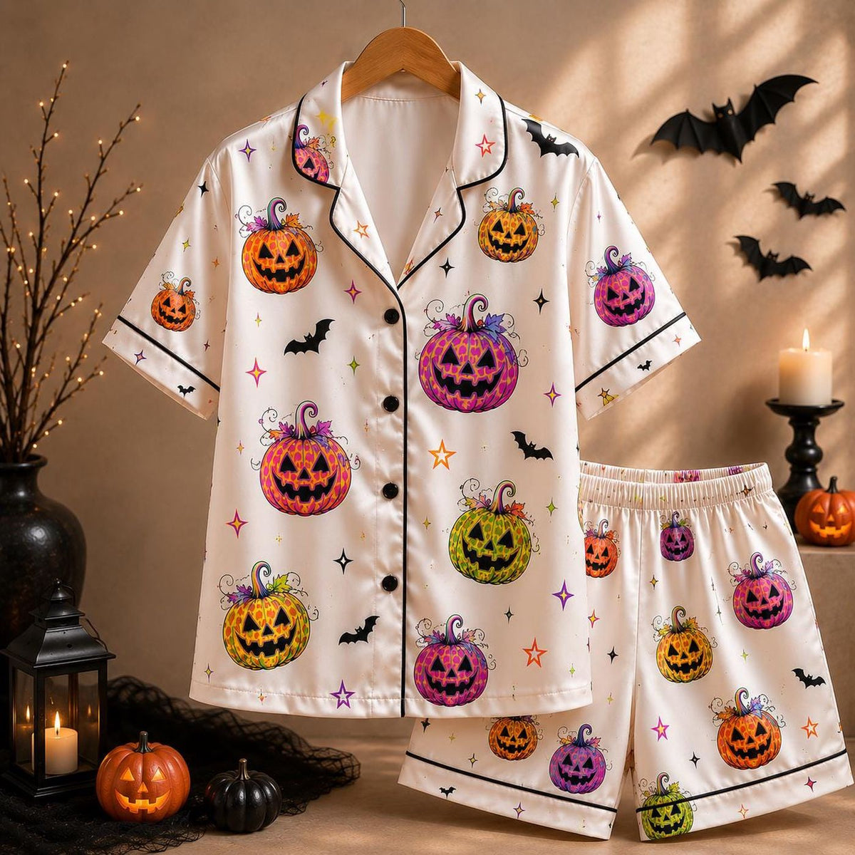 Leopard Pumpkin Halloween Pajama Set: Colorful Boutique Sleepwear for Fall