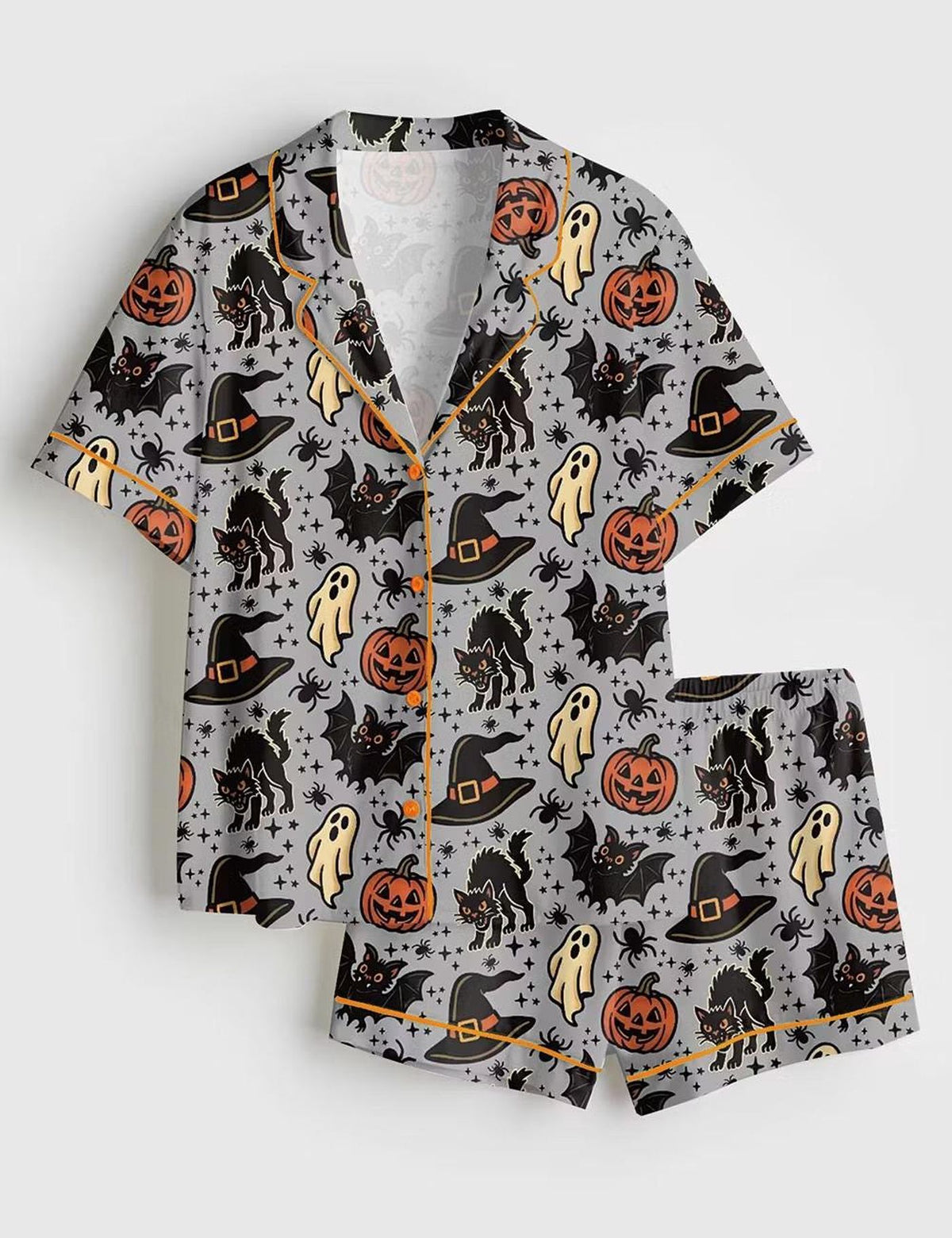 Cute Halloween Satin Pajamas for Women - Ghost Bat Pumpkin Witch Short Sleeve Pajama Set - Silky Loungewear for Spooky Sleepwear